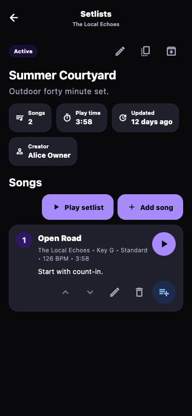 Bandit setlist screen with songs, play time, creator and playback actions